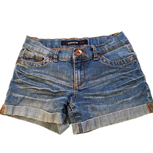 JORDACHE Jean‎ Shorts Cuffed Faded Denim Gold Topstitching sz 8 - Picture 1 of 10